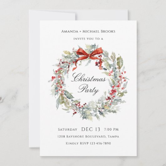 Watercolor Wreath Red Bow Christmas Party Kaart (Voorkant)