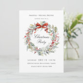 Watercolor Wreath Red Bow Christmas Party Kaart (Staand voorkant)