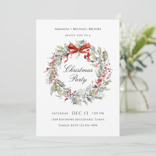 Watercolor Wreath Red Bow Christmas Party Kaart (Staand voorkant)