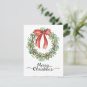 Watercolor Wreath Red Bow Merry Christmas Feestdagenkaart (Staand voorkant)