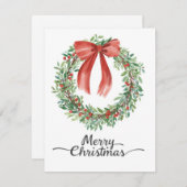 Watercolor Wreath Red Bow Merry Christmas Feestdagenkaart (Voorkant / Achterkant)