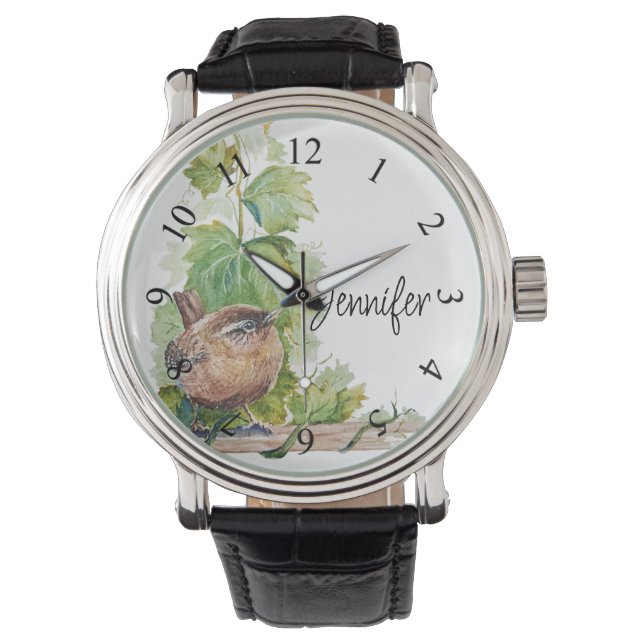 Watercolor Wren Bird Vineyard Grapes Leaves Winery Horloge (Voorkant)