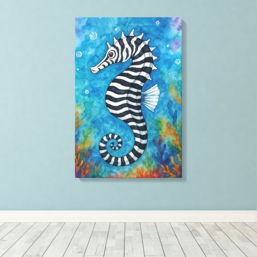 Watercolor Zebra Seahorse Canvas Afdruk (Insitu (Houten vloer))