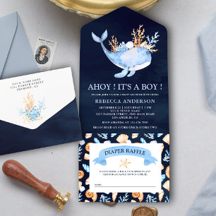 Watercolor Zee-whal Navy Blauwe Baby Shower All In One Uitnodiging