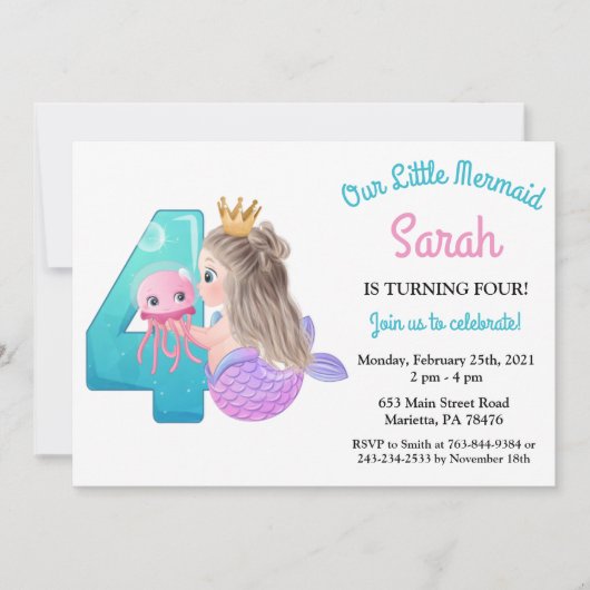 Watercolor Zeemeermin 4de Verjaardagsfeest Uitnodi Kaart (Voorkant)