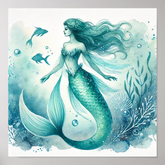 Watercolor Zeemeermin Muur Kunst Posters (Voorkant)