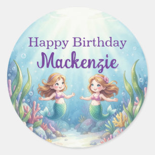 Watercolor Zeemeermin Verjaardagsfeest Onder de Ze Ronde Sticker