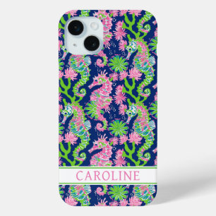 Watercolor Zeepaarden met Monogram iPhone 15 Mini Hoesje