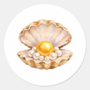 Watercolor zeeschelp met gouden en witte parels  ronde sticker