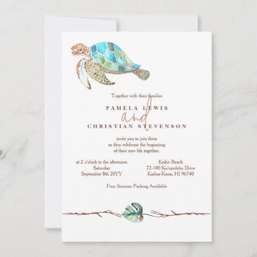 Watercolor Zeeschildpad & Monstera Blad Bruiloft Kaart (Voorkant)