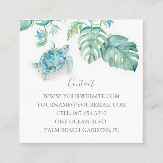 Watercolor Zeeschildpad Tropisch Groen Vierkante Visitekaartje (Voorkant)