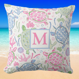 Watercolor Zeeschildpadden  Monogram / Kust Oceaan Kussen