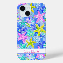 Watercolor Zeester met Initialen iPhone 15 Case