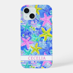 Watercolor Zeester met Initialen iPhone 15 Case