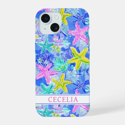 Watercolor Zeester met Initialen iPhone 15 Case (Achterkant)