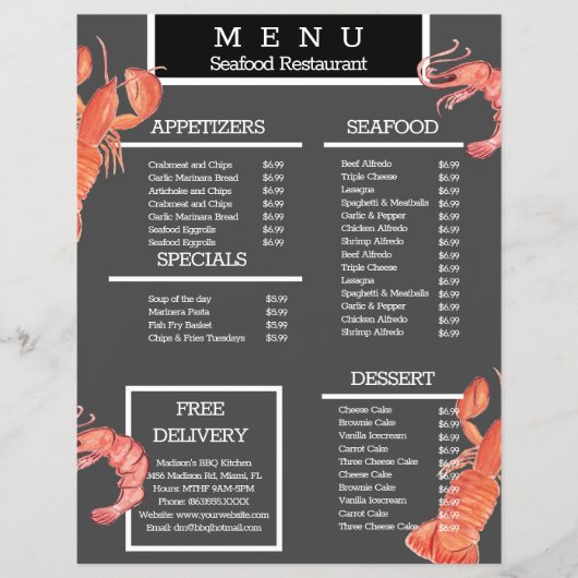 Watercolor Zeevruchten Krab Grill Restaurant Menu (Voorkant)