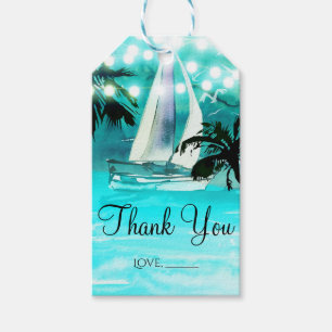 Watercolor Zeilboot Palmbomen & Lichtslingers Cadeaulabel