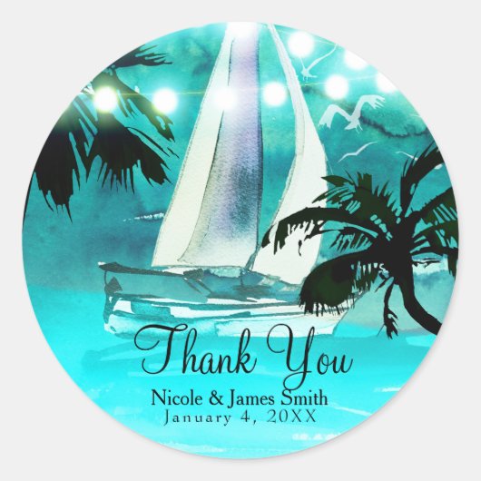 Watercolor Zeilboot Palmbomen & Lichtslingers Ronde Sticker (Voorkant)