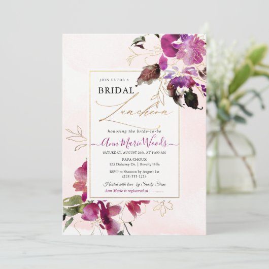 Watercolor Zoete Erwten Kersenrood Bruiloftslunch Kaart (Staand voorkant)