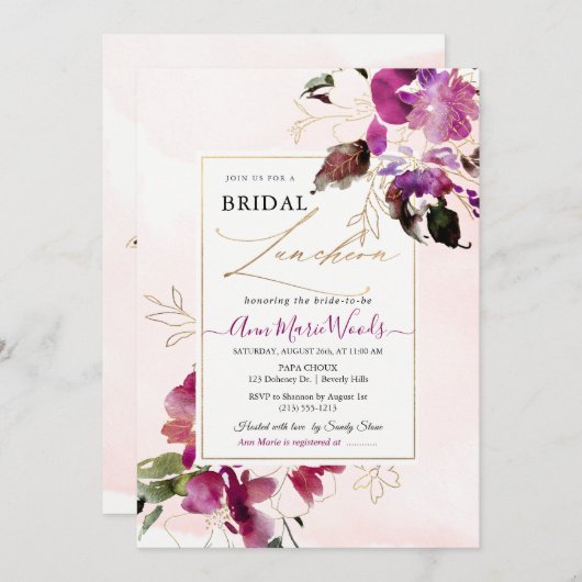 Watercolor Zoete Erwten Kersenrood Bruiloftslunch Kaart (Voorkant / Achterkant)