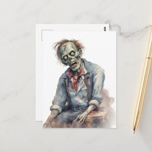 Watercolor Zombie Briefkaart (Voorkant / Achterkant in situ)