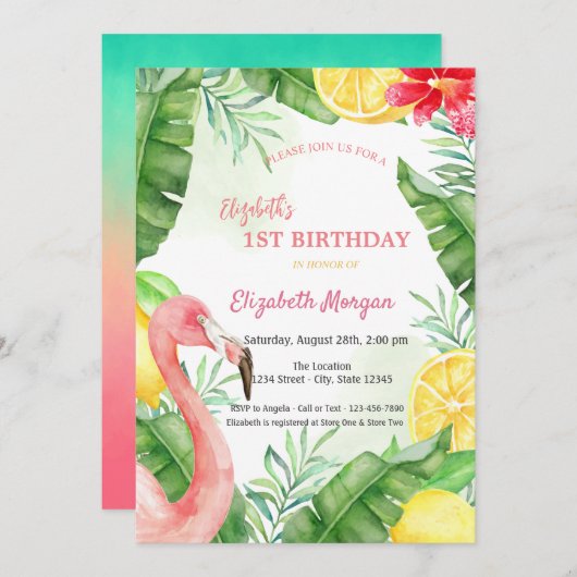 Watercolor Zomer Flamingo Eerste Verjaardag Kaart (Voorkant / Achterkant)