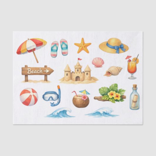 Watercolor Zomer Strand Pret  Tissuepapier (Voorkant)