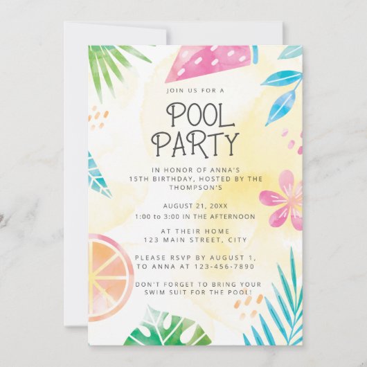 Watercolor Zomer Zwembad Feest Uitnodiging (Voorkant)