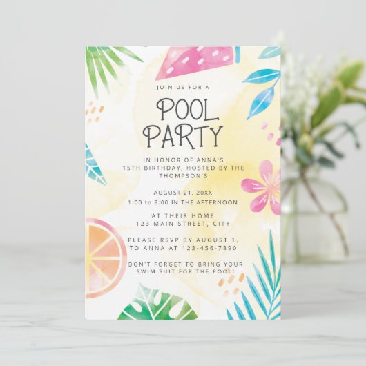 Watercolor Zomer Zwembad Feest Uitnodiging (Staand voorkant)