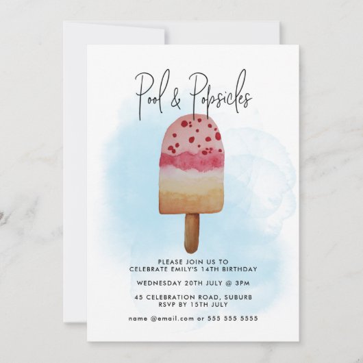Watercolor Zomer Zwembad & Popsicle Feest Verjaard Kaart (Voorkant)