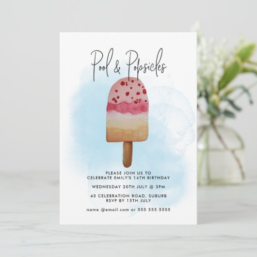 Watercolor Zomer Zwembad & Popsicle Feest Verjaard Kaart (Staand voorkant)