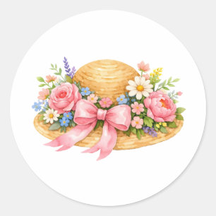 Watercolor zomerhoed met bloemen en lint  ronde sticker
