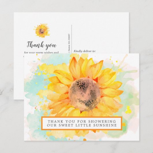 Watercolor Zonnebloem Baby Shower Bedankt Briefkaart (Voorkant / Achterkant)