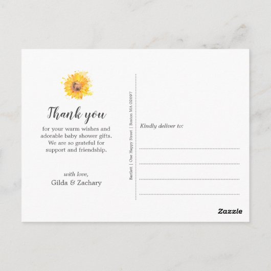 Watercolor Zonnebloem Baby Shower Bedankt Briefkaart (Achterkant)