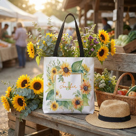 Watercolor Zonnebloem Bloem Motief Gepersonaliseer Tote Bag