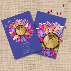 Watercolor Zonnebloem Bloemen Paars & Roze Verjaar Kaart