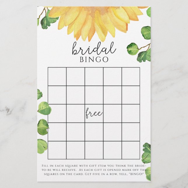 Watercolor zonnebloem bruiloft bingo spel (Voorkant)