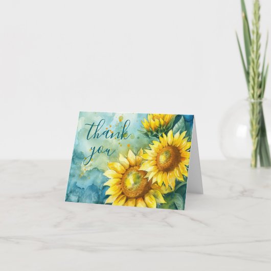 Watercolor Zonnebloem Donker Teal Bedankkaart (Voorkant)