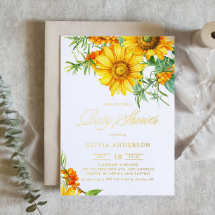 Watercolor Zonnebloem en Duindoorn Baby Shower Folie Uitnodiging
