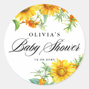 Watercolor Zonnebloem en Duindoorn Baby Shower Ronde Sticker