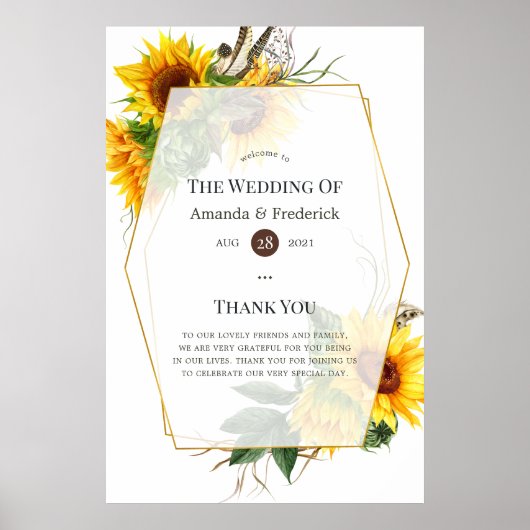 Watercolor Zonnebloem Rustic Trouw Welkom Poster (Voorkant)