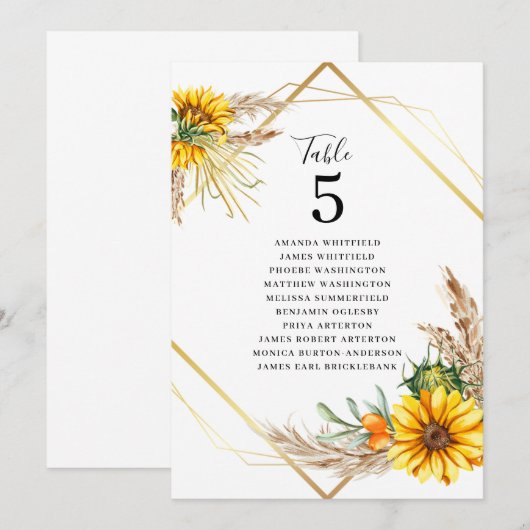 Watercolor Zonnebloem Rustieke Trouwtafel Nummer Kaart (Voorkant / Achterkant)