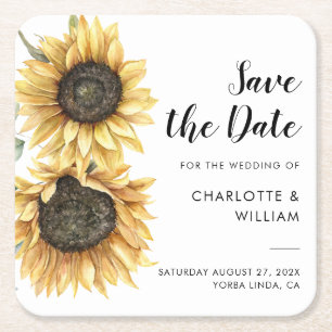 Watercolor Zonnebloem Script Trouw Save the Date Kartonnen Onderzetters