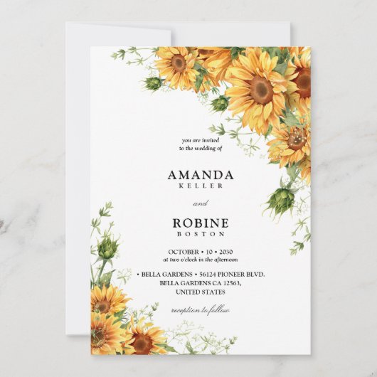 Watercolor Zonnebloem Trouw Uitnodiging (Voorkant)