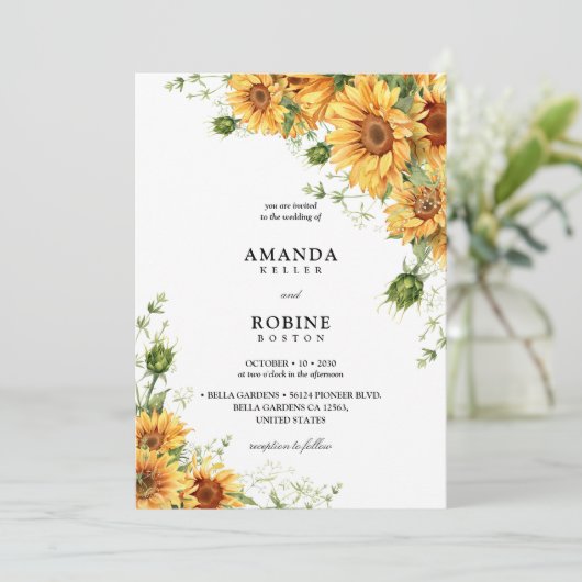 Watercolor Zonnebloem Trouw Uitnodiging (Staand voorkant)