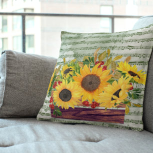 Watercolor Zonnebloemen & Bladmuziek Kussen