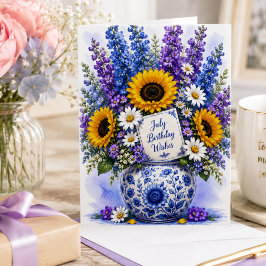 Watercolor Zonnebloemen & Blauwe Bloemen Juli Verj Kaart