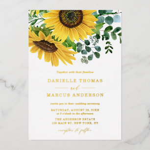 Watercolor Zonnebloemen en Eucalyptus Trouwfeest Folie Uitnodiging