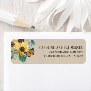 Watercolor Zonnebloemen en Vlinders Adres Etiket