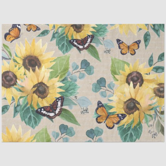 Watercolor Zonnebloemen en Vlinders Decoupage Tissuepapier (Voorkant)